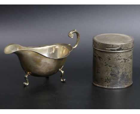 George V silver sauce boat, Birmingham 1917 and a silver Mappin &amp; Webb tea cannister, Sheffield 1938. Sauce boat 16.5 cm 