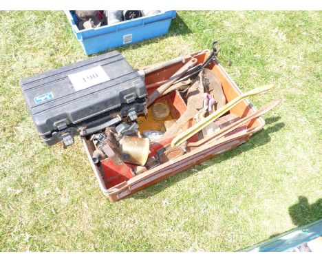 A box of tools including spanners, blow lamp, crimper, clarinet, etc.