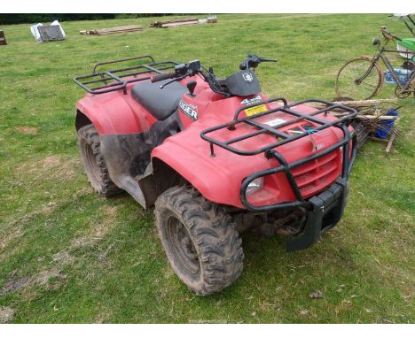 A Suzuki Eiger Quad Runner 4 x 4 400 Quad bike (LT350?), finished in red, good compression, but not currently a runner.