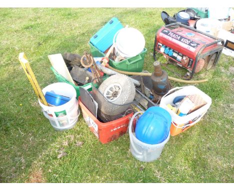 Miscellaneous including builders levels, safety helmet, bottle jack, oxy-acetylene cutting tool, three-legged puller, jockey 