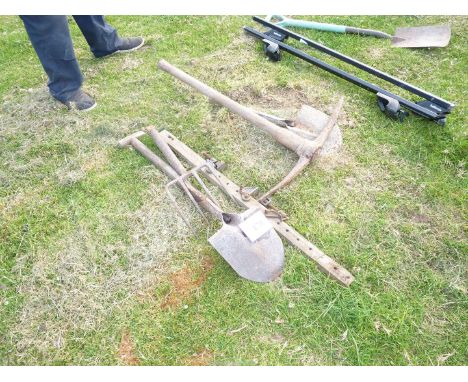 Shovel, pick, sash clamps, etc.,
