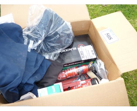 Work trousers, a fire extinguisher, masks, 3 warning triangles, paper-clips, envelopes, boxed new pair of metal-free protecto