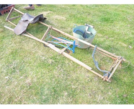 Rise and fall harness rack, saddle rack, saddle/tack hangers and horse measuring stick [ft and inches].
