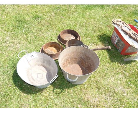 A small galvanised bath, churn tops, etc.