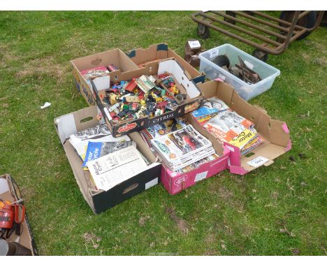Five boxes containing motor cycle and car magazines and a box toy cars etc.