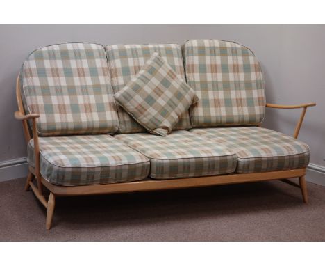 Ercol 'Windsor' light wood finish four piece lounge suite - three seat bergère sofa (W175cm), and three easy chairs (W71cm)  