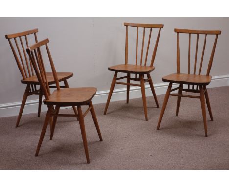 Set four Ercol 'All purpose Windsor' light finish elm and beech stick back chairs   Condition Report   Click here for further