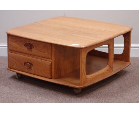 Ercol 'Windsor Pandora's Box' light finish elm square coffee table, two drawers and book storage, 78cm x 78cm, H39cm   Condit