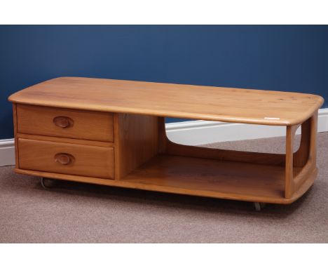 Ercol 'Windsor Minerva' light finish elm rectangular coffee table, two drawers and book storage, 125cm x 54cm, H40cm   Condit