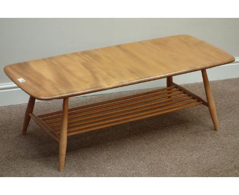 Ercol 'Windsor' light elm and beech finish rectangular coffee table with undertier, 105cm x 46cm, H36cm