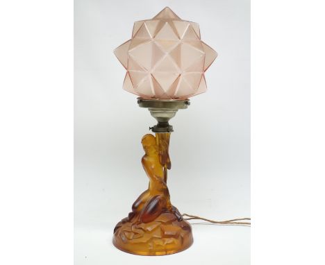 1930s amber glass lamp base semi-nude lady holding faceted shade aloft   Condition Report   Click here for further images, co