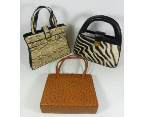 Zebra skin hand bag with a matching compact and purse, Leather handbag by Ackery, London and Snakeskin handbag - Vintage Clot