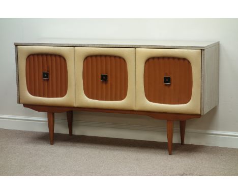 Vintage retro melamine sideboard, three padded upholstered doors, centre fall front cupboard, W152cm, H81cm, D44cm   Conditio