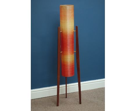 1960s floor standing 'Rocket Lamp', three tapering teak legs, with two tone fibreglass shade, H113cm   Condition Report   Cli
