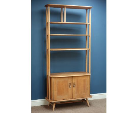 Ercol 'Windsor' light elm finish room divider fitted with two adjustable shelves and double cupboard below, W90cm, H190cm, D4