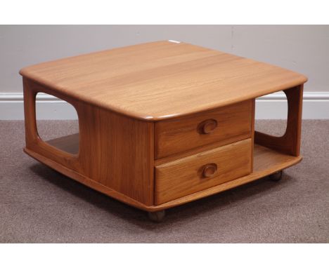 Ercol 'Windsor Pandora's Box' light finish elm square coffee table, two drawers and book storage, 78cm x 78cm, H39cm   Condit