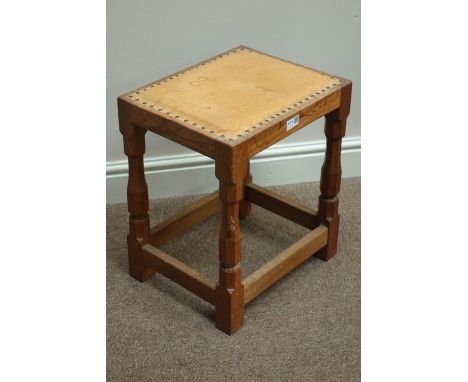 'Mouseman' oak rectangular stool, leather upholstered seat, by Robert Thompson of Kilburn    Condition Report   Click here fo