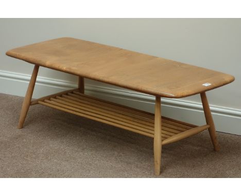 Ercol 'Windsor' light elm and beech finish rectangular coffee table with undertier, 105cm x 46cm, H36cm