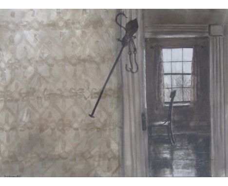 THOMAS DeVANY-FORRESTALL (Canadian b. 1936): A framed and glazed watercolour, interior scene titled "The Scales". Signed bott