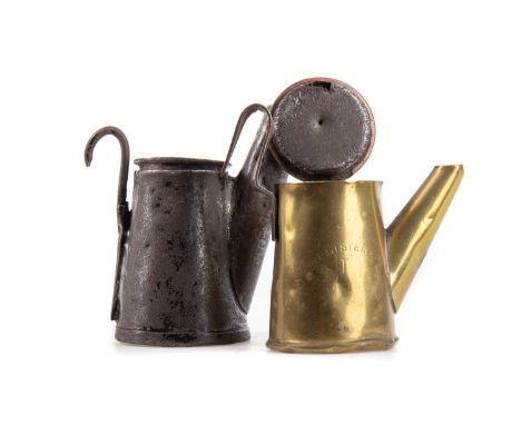 TWO SCOTTISH OIL WICK COAL MINING LAMPS MID-19TH CENTURY AND LATER the first a 'DL' lamp in brass with flat steel hook by Lam