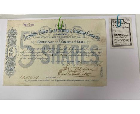 VICTORIAN LEADHILLS SILVER LEAD MINING &amp; SMELTING COMPANY SHARE CERTIFICATE DATED 1876 Certificate of 5 Shares of £6 Each