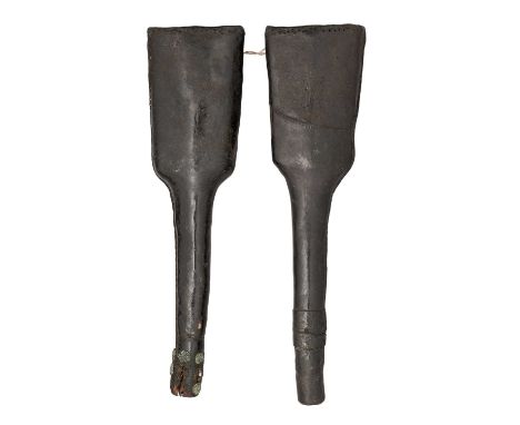 TWO WELL MATCHED PISTOL HOLSTERS OF MILITARY TYPE, LATE 17TH/EARLY 18TH CENTURY  ‡ of hardened leather in double thickness, o