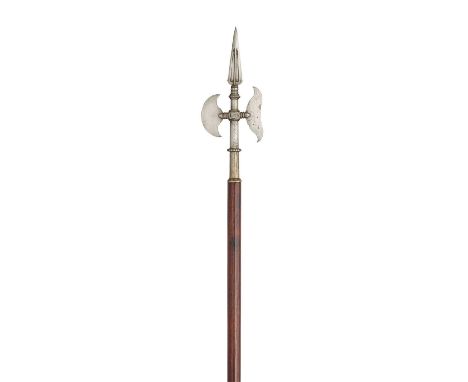 A SOUTH INDIAN HALBERD, PROBABLY 18TH CENTURY, MYSORE with tapering terminal spike formed with a reinforced point, curved axe