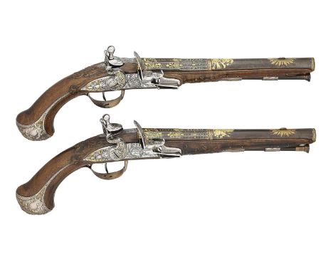 A FINE PAIR OF 25 BORE FRENCH SILVER-MOUNTED FLINTLOCK PISTOLS BY BARGE,  ‡ PARIS CHARGE AND DISCHARGE MARKS FOR 1756-62, MAI