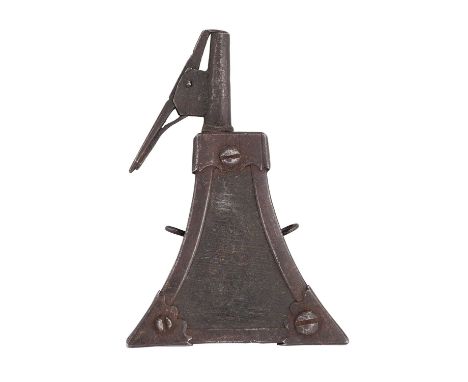 A GERMAN TRIANGULAR CHARGE-FLASK, 17TH CENTURY  ‡ with iron-bound wooden body, fitted with tapering nozzle with spring closur