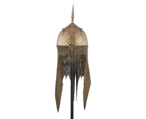 A FINE PERSIAN DECORATED HELMET (KULAH KHUD), QAJAR, 19TH CENTURY  with hemispherical crucible steel skull, decorated with de