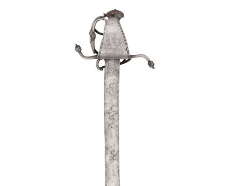 A GERMAN MILITARY SWORD, LATE 16TH CENTURY  ‡ with broad curved single-edged blade engraved with a flower, a classical warrio