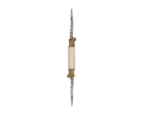 AN INDIAN DOUBLE DAGGER (BIDCHIR), 18TH CENTURY  formed of a pair of robust spirally-moulded iron prongs, each issuant from a