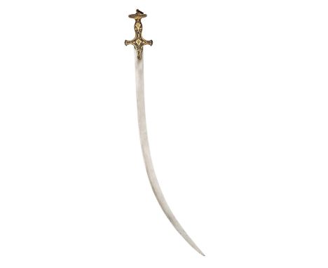 AN INDIAN SWORD (TALWAR), 18TH/EARLY 19TH CENTURY  with curved single-edged blade, russet iron hilt decorated with gold damas