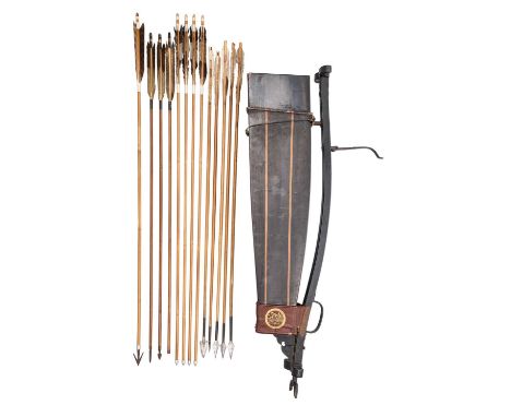 A JAPANESE BOW AND ARROW STAND, AND THIRTEEN ARROWS with a large rectangular box quiver, lacquered black with dark brown band