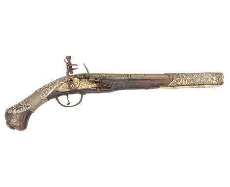 A 20 BORE OTTOMAN LONG FLINTLOCK HOLSTER (KUBUR) PISTOL, BALKANS, LATE 18TH/EARLY 19TH CENTURY with decorated russet iron bar