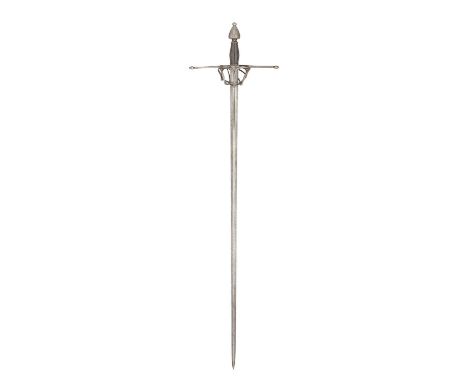 A FINE SPANISH RAPIER, LATE 16TH CENTURY  with tapering blade of flattened-hexagonal section, formed with a short fuller on e