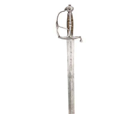 A MILITARY SWORD, LATE 17TH/EARLY 18TH CENTURY, FRENCH OR SWISS  ‡ with broad blade cut with a running wolf mark and struck w