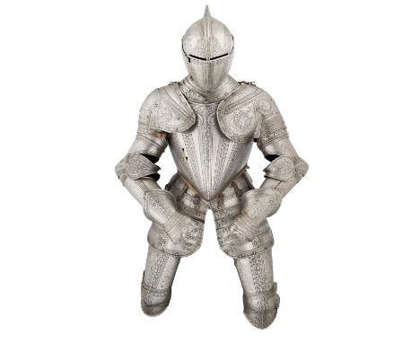 A FINE AND WELL MATCHED COMPOSITE NORTH ITALIAN THREE-QUARTER ARMOUR WITH ETCHED DECORATION,  CIRCA 1590comprising close helm