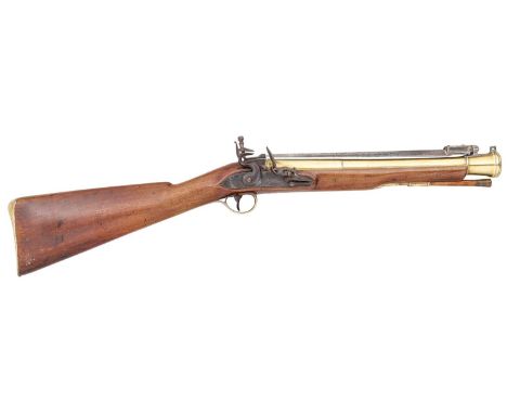 A FLINTLOCK BLUNDERBUSS BY WILSON, EARLY 19TH CENTURY with brass barrel formed in three stages, swelling towards the muzzle a