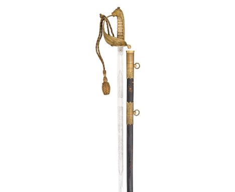 AN 1845 PATTERN NAVAL OFFICER’S SWORD, POST 1902 with etched blade including a fouled anchor and the crowned Royal arms, gilt