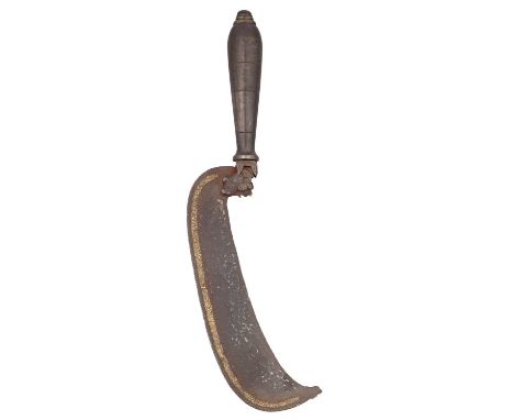 A SOUTH INDIAN HATCHET (KATHIR ARUVAL), 17TH CENTURY  with robust hatchet blade inlaid with an engraved copper alloy panel al