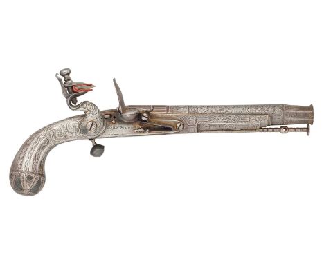 A 24 BORE SCOTTISH FLINTLOCK BELT PISTOL FORMED ENTIRELY OF STEEL BY JOHN MURDOCH, LATE 18TH CENTURY with tapering multi-stag