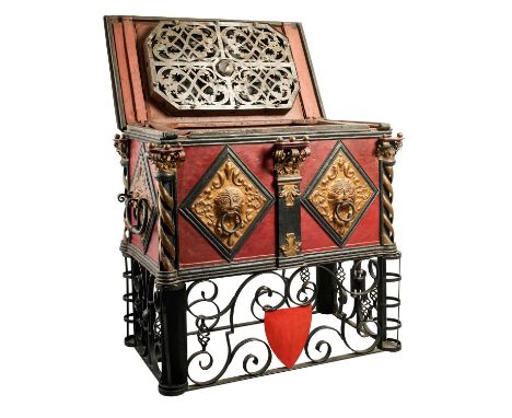 A LARGE GERMAN PAINTED STEEL STRONGBOX, LATE 17TH/18TH CENTURY AND LATER formed of large iron plates, the inside of the lid f