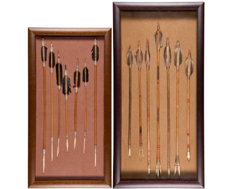 TWO GLAZED DISPLAYS OF INUIT ARROWS ◉ the first frame with seven arrows, made from cane with bone points including one serrat