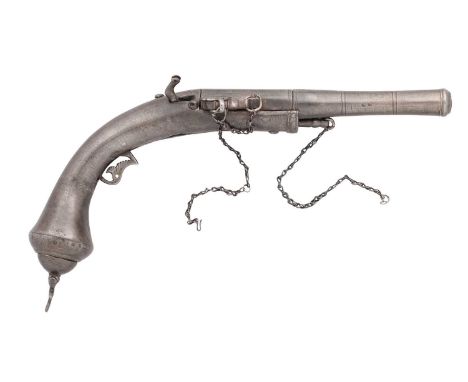 A RARE 60 BORE INDIAN MATCHLOCK TURN-OFF PISTOL, 18TH/EARLY 19TH CENTURY  with cannon barrel moulded at the muzzle and engrav