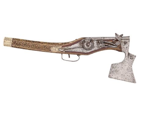 A VERY RARE COMBINED SOUTH GERMAN 50 BORE WHEEL-LOCK PISTOL AND AXE, CIRCA 1580  ‡ with tapering two-sage barrel swamped towa