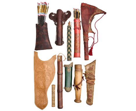 ELEVEN VARIOUS QUIVERS, 19TH/20TH CENTURY the first a contemporary bow quiver in Mongolian style, with embossed floral design