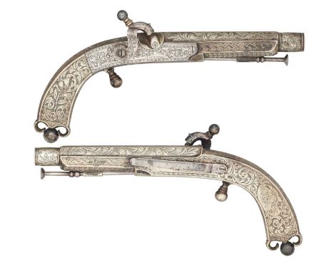 A PAIR OF 60 BORE HIGHLAND WHITE METAL MOUNTED DRESS BELT PISTOLS SIGNED CAMPBELL,  BIRMINGHAM PROOF MARKS, SECOND HALF OF TH