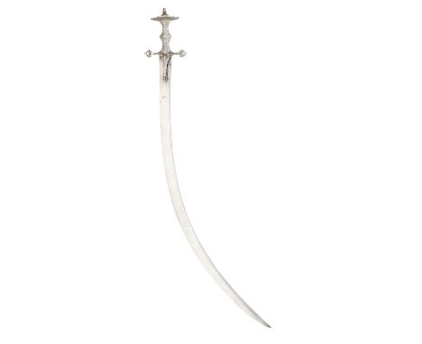 AN INDIAN SWORD (TALWAR), 17TH CENTURY  with curved single-edged blade, finely formed iron hilt comprising a pair of langets 