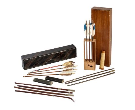 A JAPANESE CASED INDOOR ARCHERY SET AND FURTHER ARROWS with six arrows (ya), the flights (hane) white with blue cock feather,